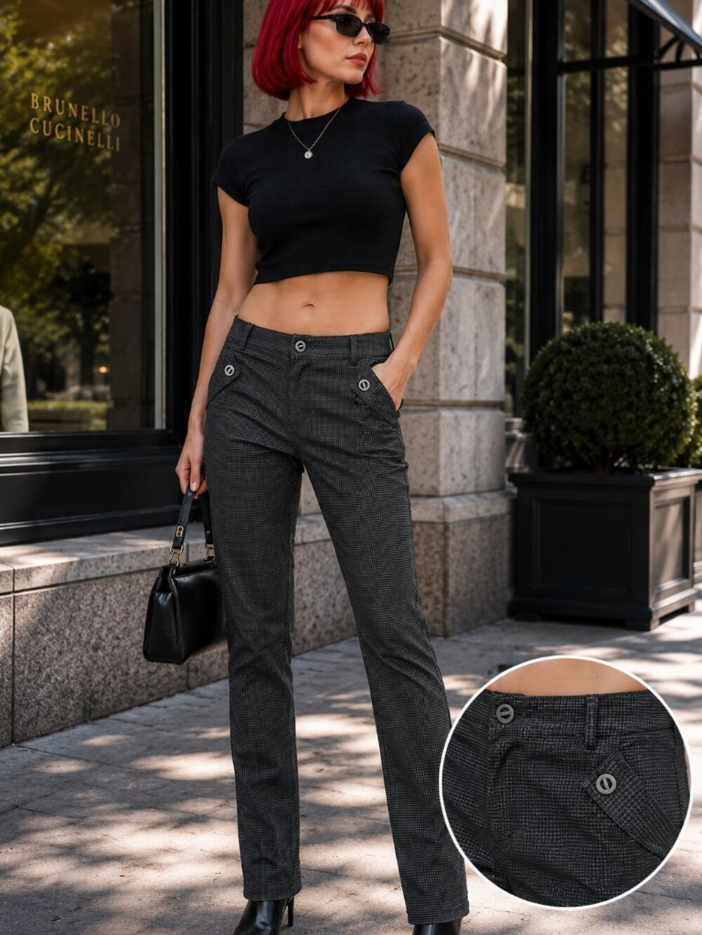 Y2K Low Rise Grey Black Gingham Cropped Pants Stretch Slim Fit